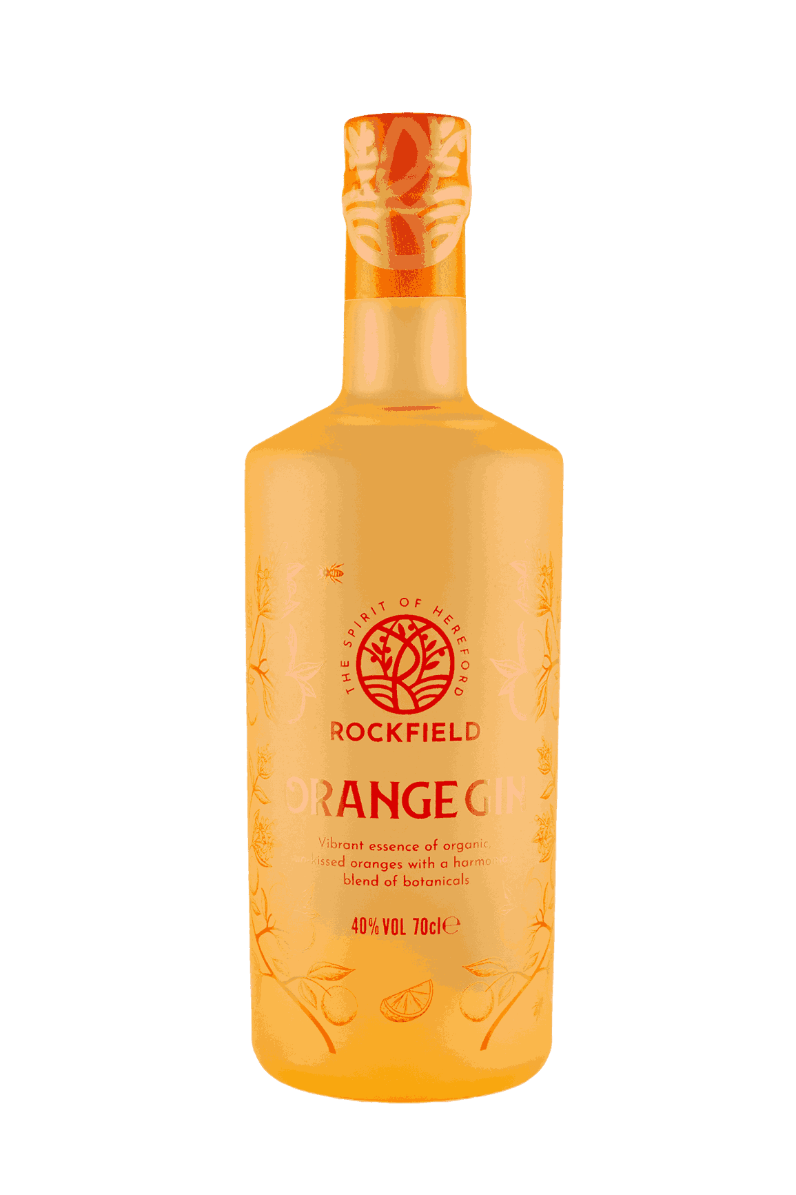 Rockfield Orange Gin bottle with vibrant orange design and botanical accents, a premium spirit from Hereford.