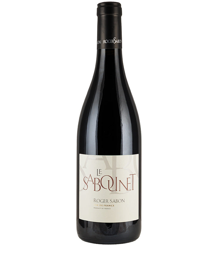 Bottle of Domaine Roger Sabon Le Sabounet NV red wine with simple cream label and black foil top