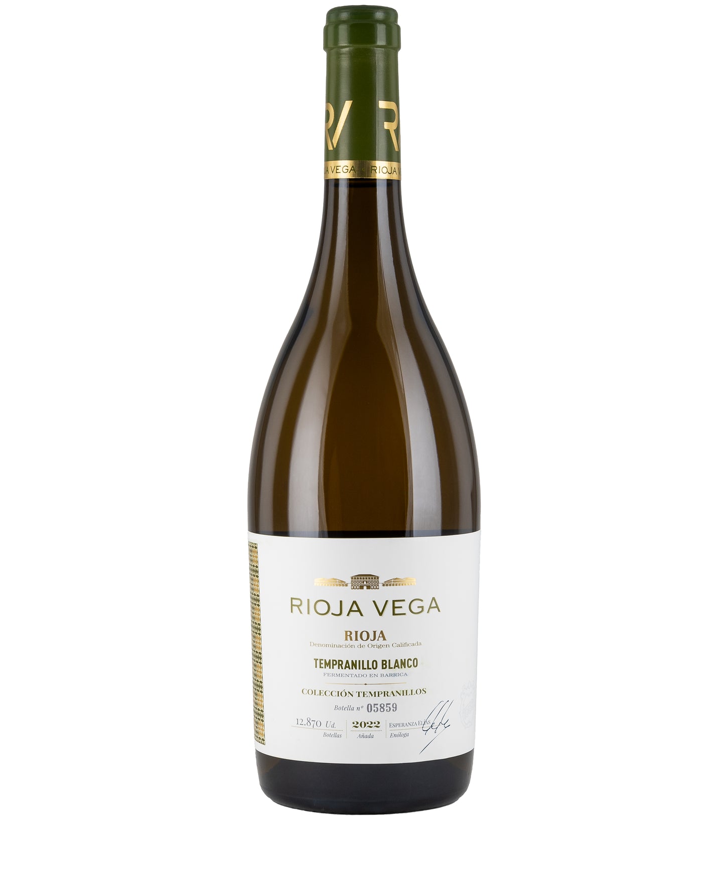 Bottle of Rioja Vega Tempranillo Blanco 2024 white wine from Spain with green foil capsule and detailed label