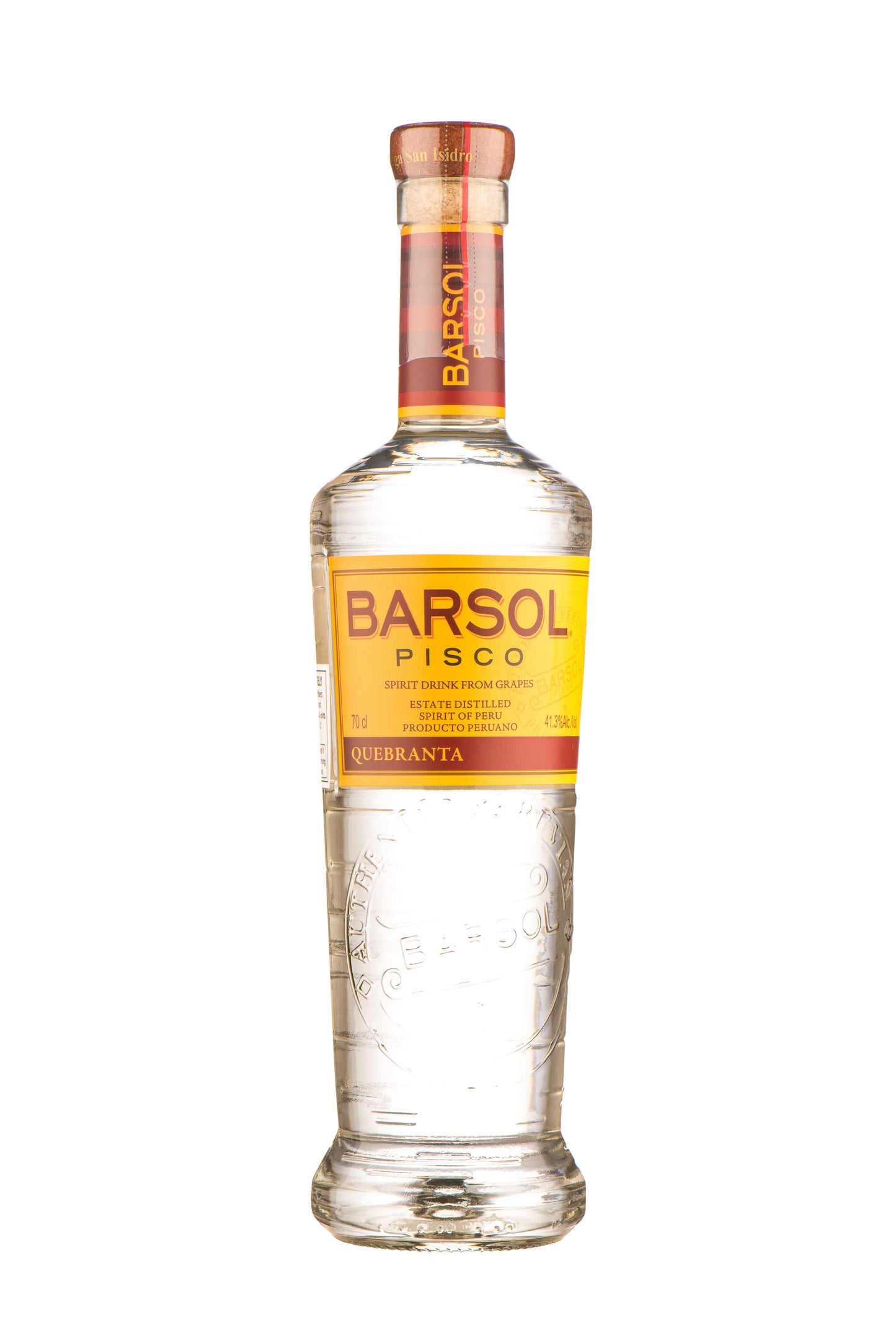 Bottle of Barsol Quebranta Primero Pisco, a clear Peruvian spirit made from Quebrante grapes with 41.3% ABV