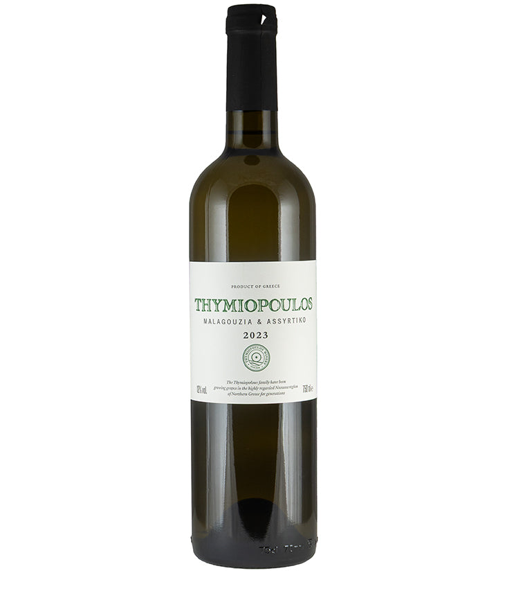 Bottle of Thymiopoulos Malagouzia/Assyrtiko 2024 white wine from Greece with a clean white label