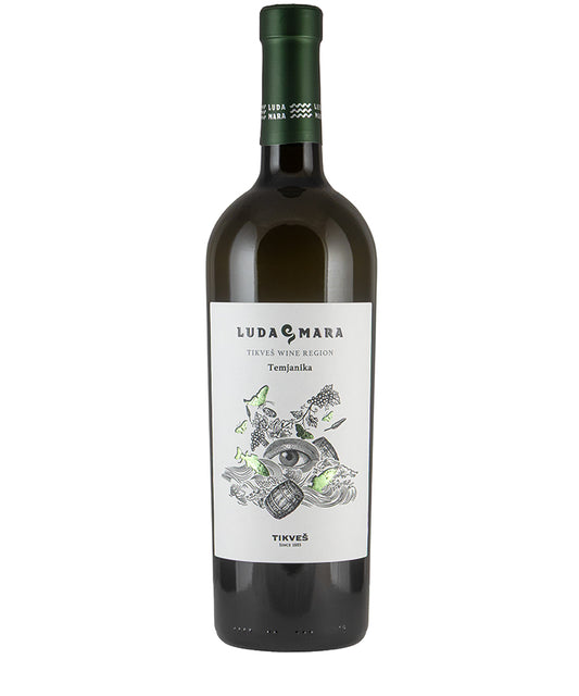 Bottle of Tikves Luda Mara Temjanika 2024 white wine from Macedonia with artistic label design.