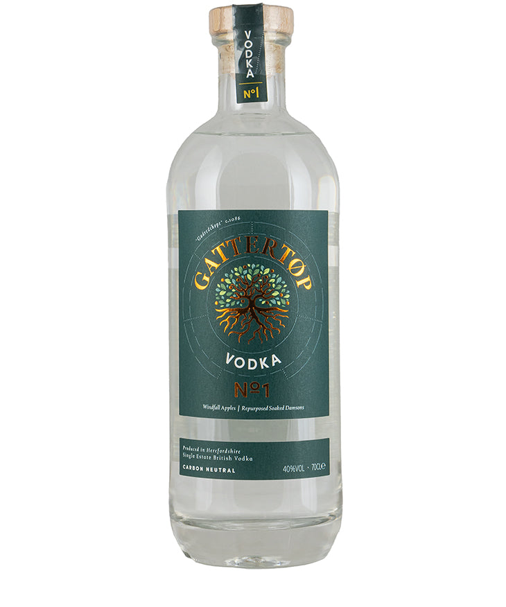 Bottle of Gattertop No.1 Vodka with green label featuring a tree logo and sustainable spirits branding