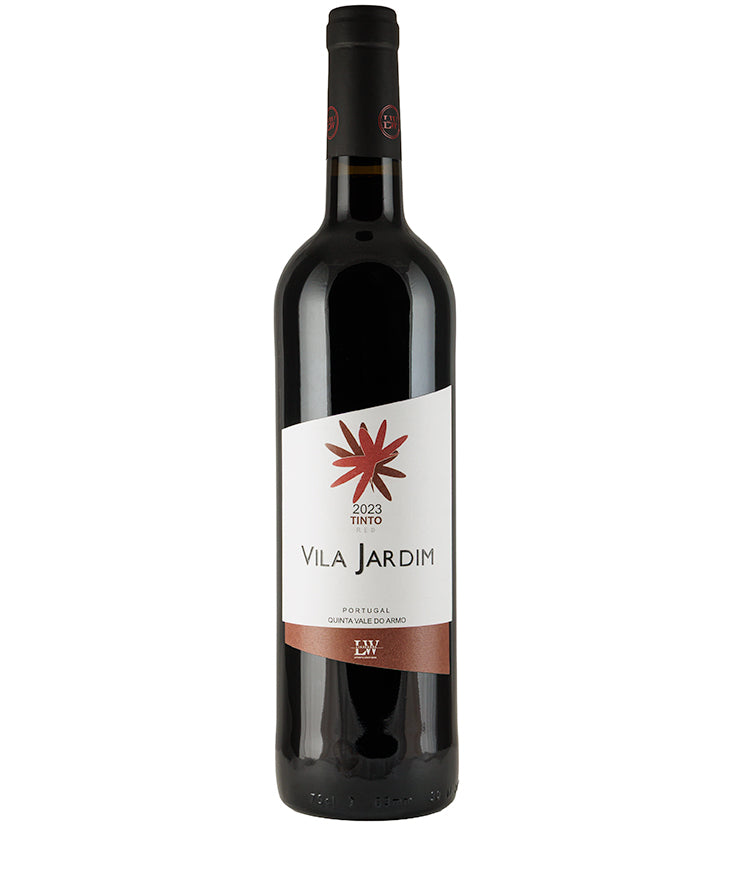 Bottle of Vila Jardim Tinto 2023 red wine with minimalist label and black capsule top