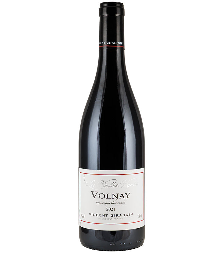Bottle of Vincent Giradin Volnay Village 'Vielles Vignes' 2021 red wine with a white label and black capsule