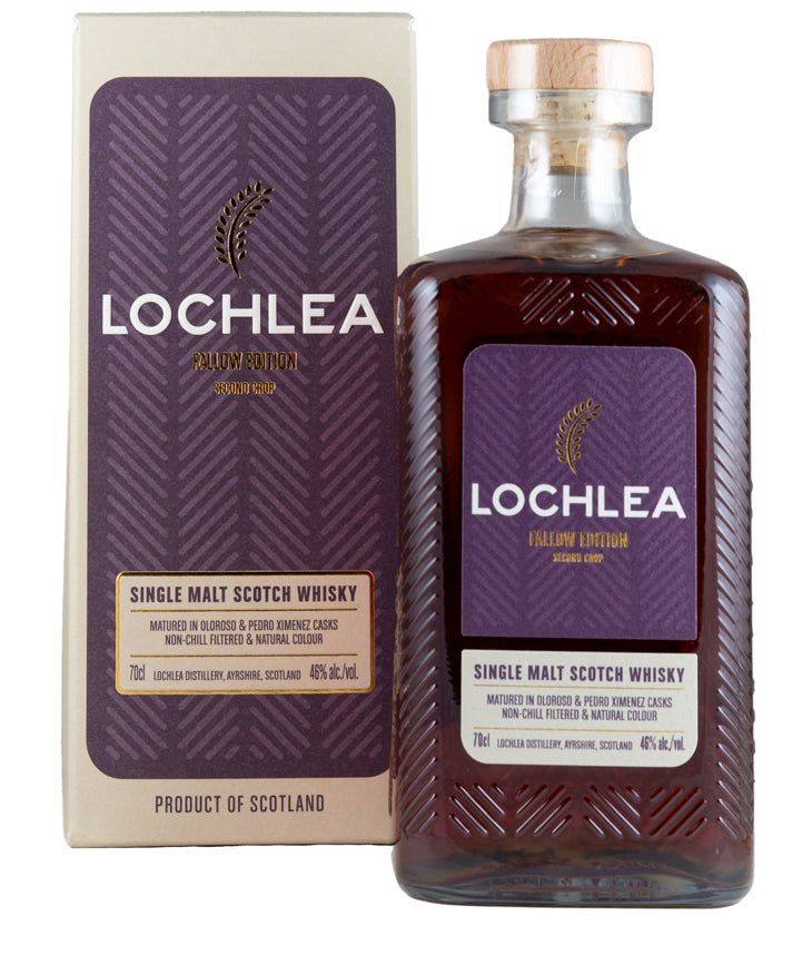 Lochlea Fallow Edition Third Crop Single Malt Whisky bottle and packaging with rich amber color from Scotland spirits range