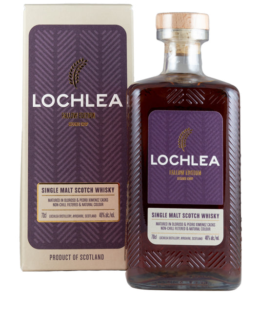 Lochlea Fallow Edition Third Crop Single Malt Whisky bottle and packaging with rich amber color from Scotland spirits range
