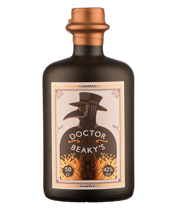 Dr Beaky's Gin English spirit bottle image with 42% ABV and distinctive plague doctor mask label