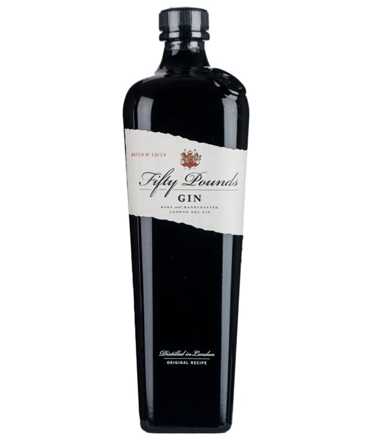 Fifty Pounds Gin black bottle from London England – spirit bottle image
