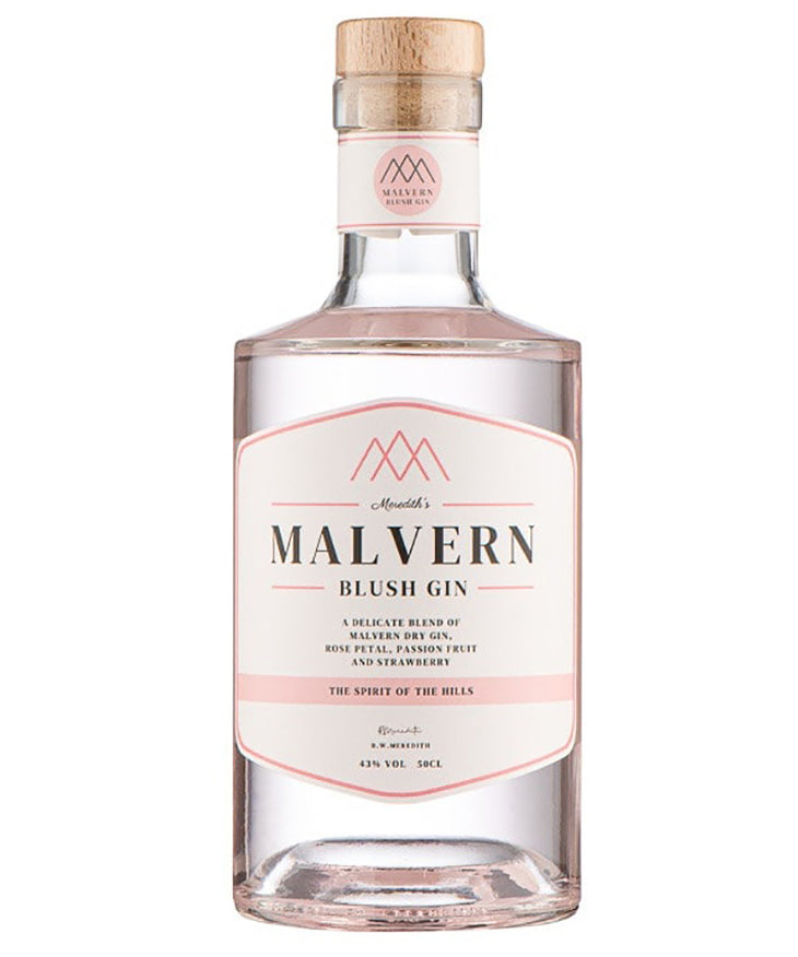 Malvern Gin Blush English spirit bottle image with floral and fruit notes label design