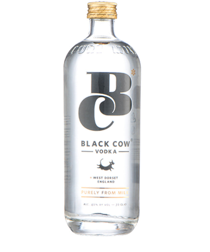 Black Cow Vodka English spirit bottle image with distinctive logo and gold bottle cap