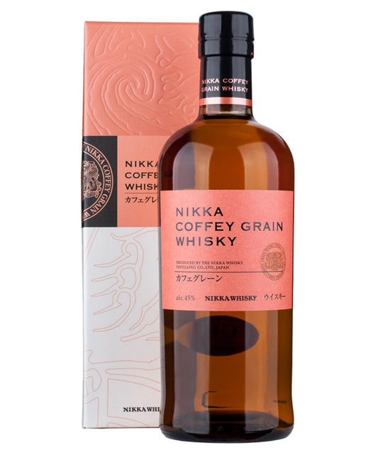 Nikka Coffey Grain Whisky Japanese spirit bottle with peach label and packaging – spirit bottle image