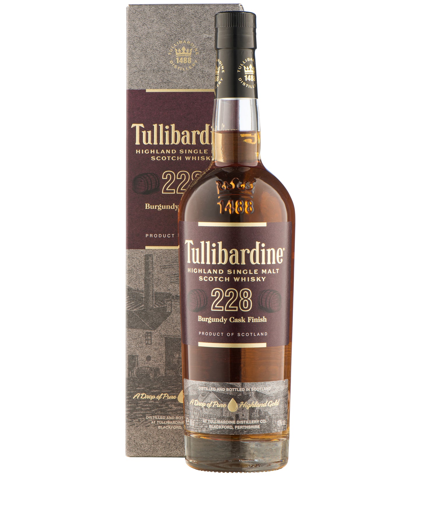 Tullibardine 228 Burgundy Finish Highland single malt Scotch whisky from Scotland – spirit bottle image
