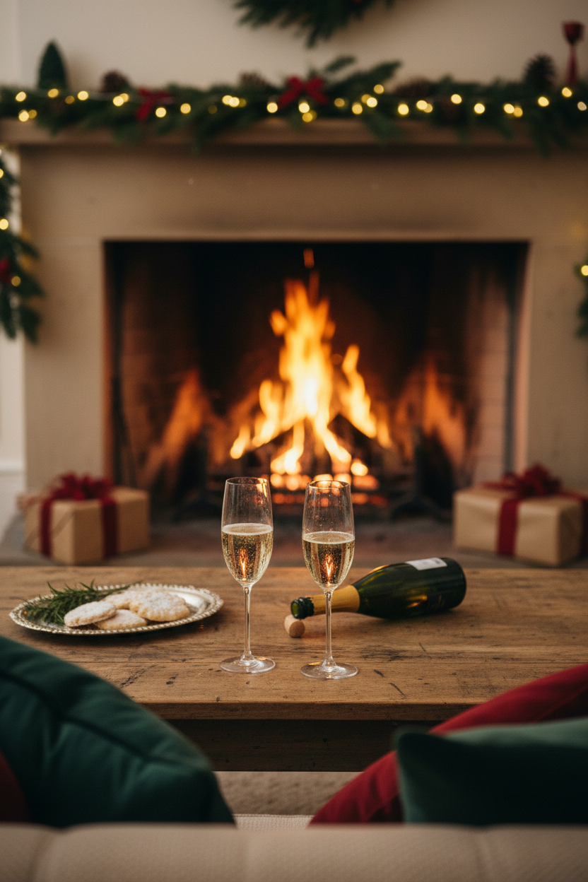 The Festive Bubbles Selection sparkling wine with two filled glasses by a fireplace – wine bottle image