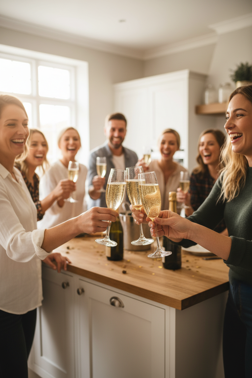 Group of friends toasting sparkling wine glasses in kitchen for The Celebration Bubbles Selection portrait shot gallery 2