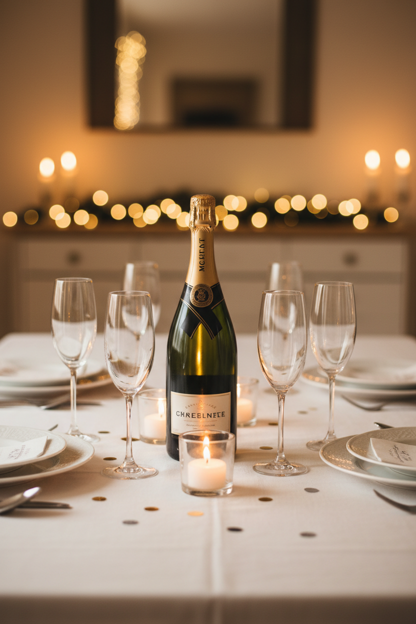 The Celebration Bubbles Selection sparkling wine bottle centered on festive table with glasses gallery 1