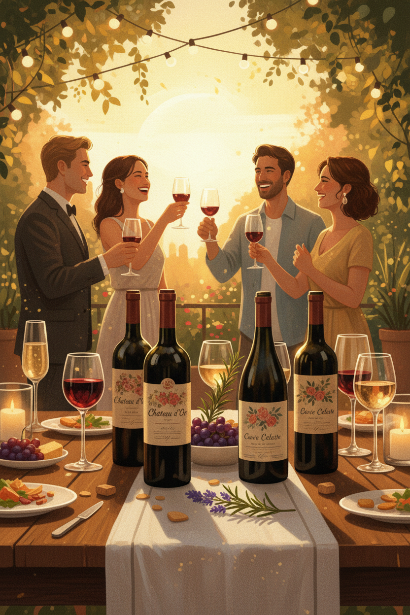 The Dinner Party Case six-bottle wine selection on outdoor table with friends toasting, gallery position 1