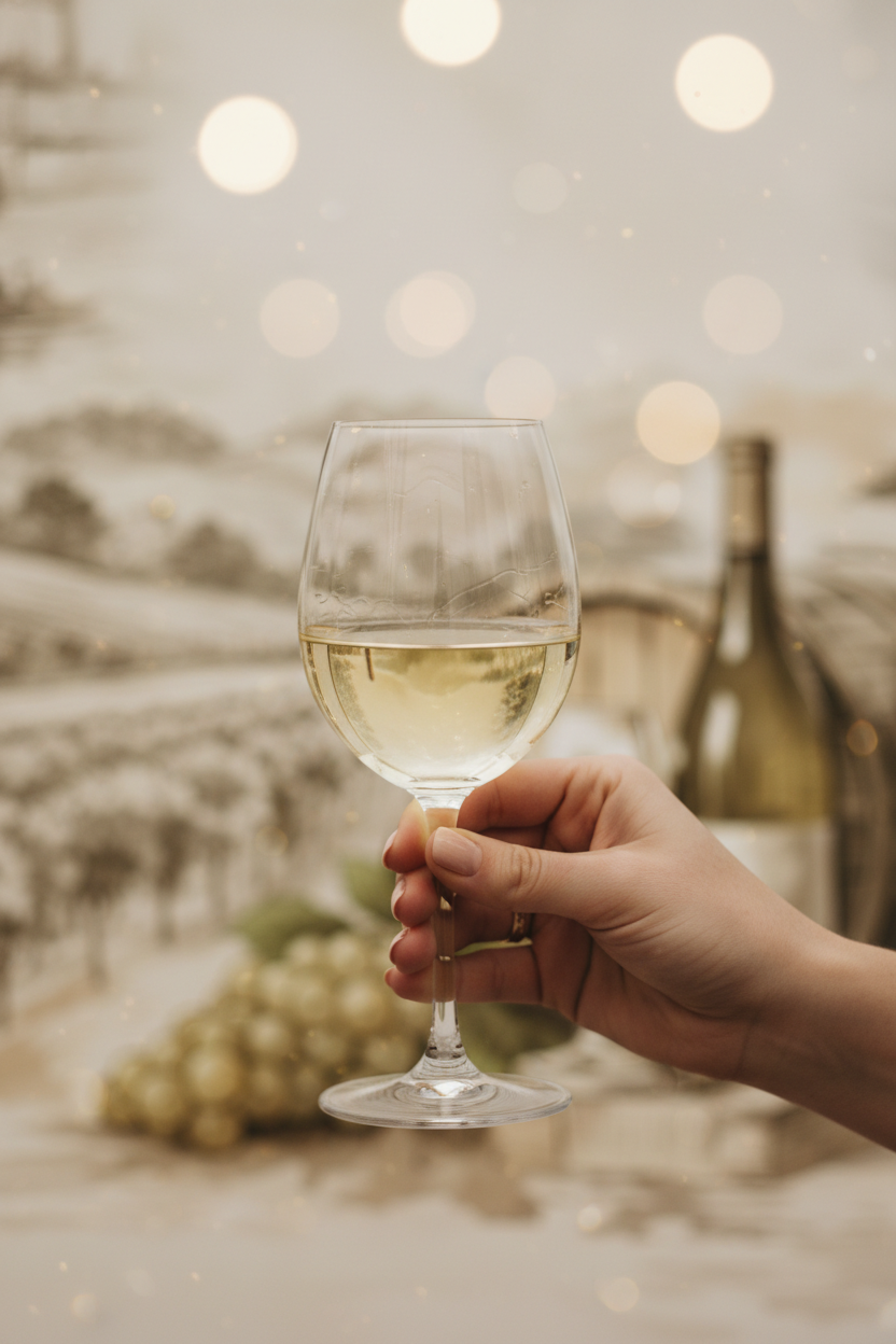 Hand holding glass of white wine with bottle and grapes in background Heritage Chenin Blanc Collection - South African & French Icons