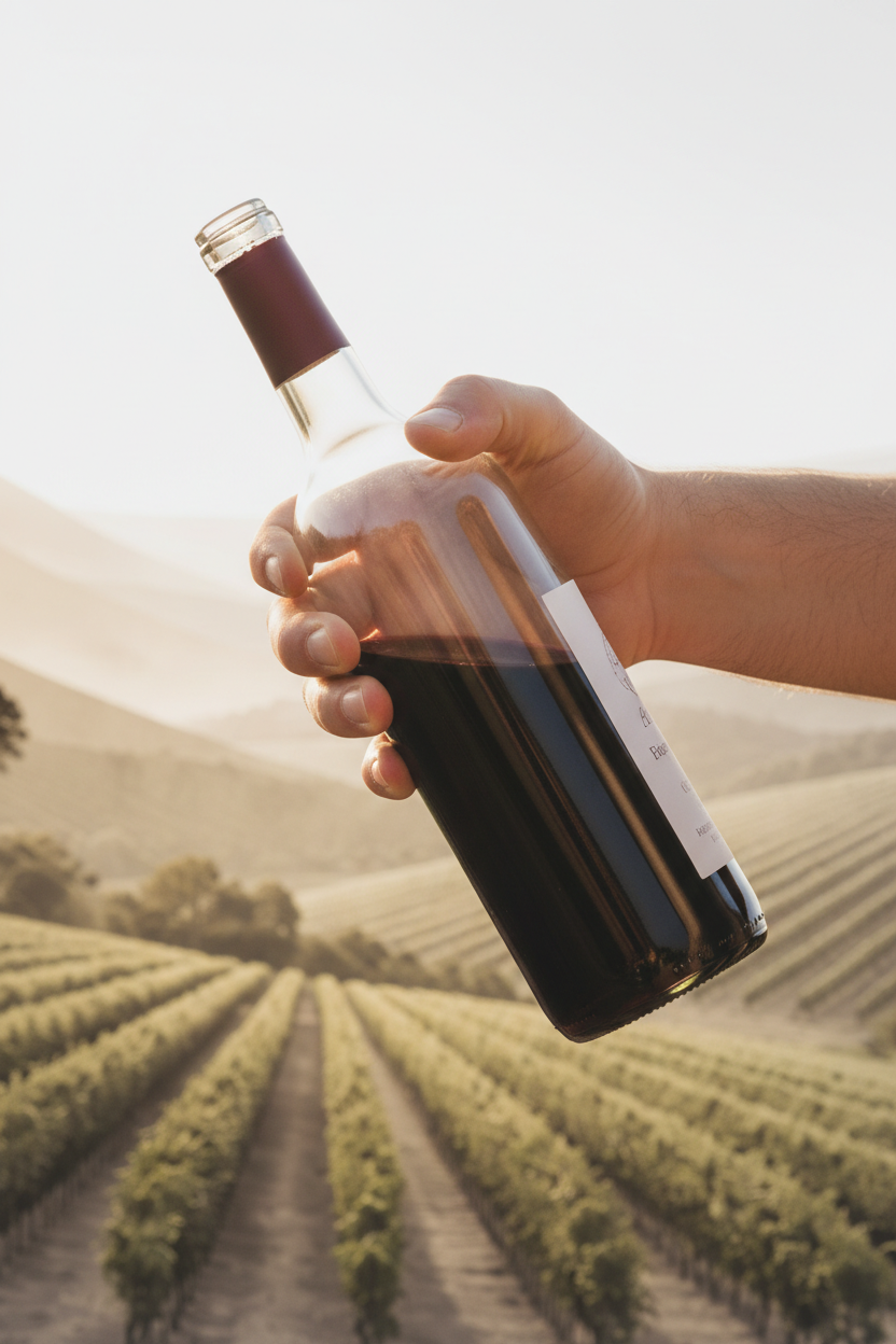 South Africa Reimagined - From Power to Precision bottle held over vineyard landscape, gallery position 2 portrait