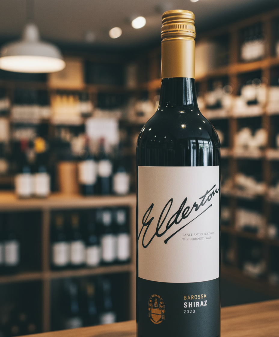 Bottle of Elderton Estate Barossa Shiraz 2022 in portrait with wine shelves blurred in background