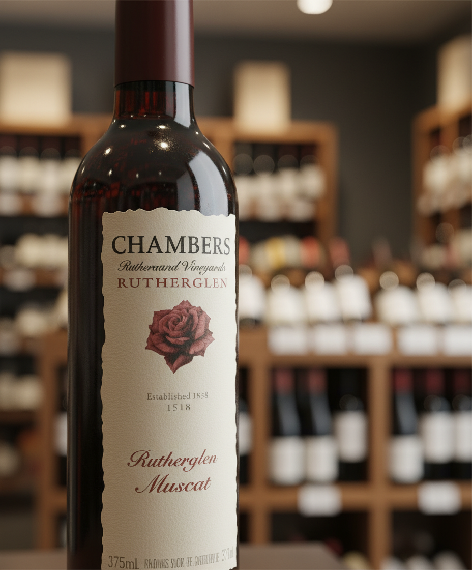 Chambers Rosewood Rutherglen Muscat NV 37.5cl bottle front view in portrait 928x1120 image
