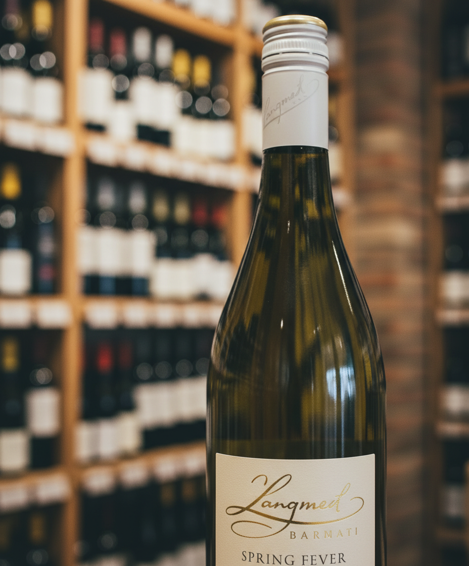 Langmeil Spring Fever Chardonnay 2023 bottle in portrait with blurred wine shelves background white wine