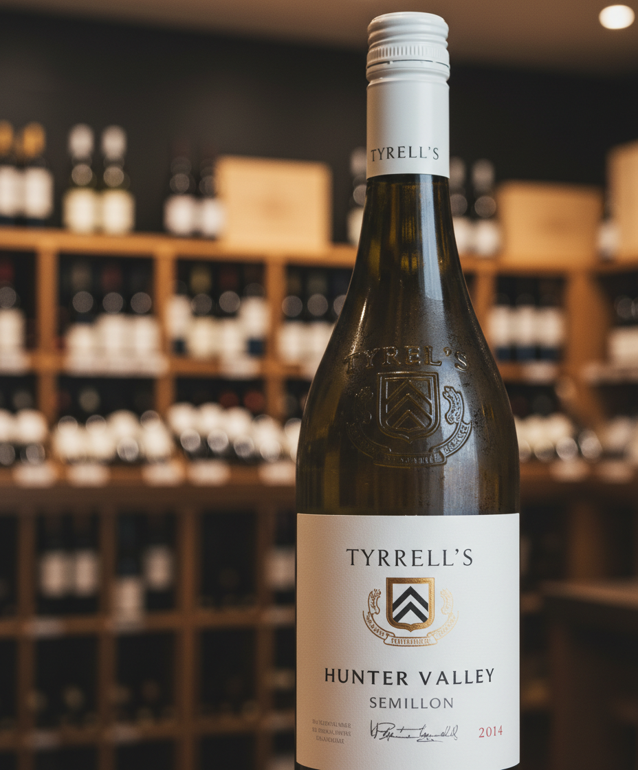 Tyrrell's Hunter Valley Semillon 2024 bottle in portrait orientation with wine shelves background gallery 2