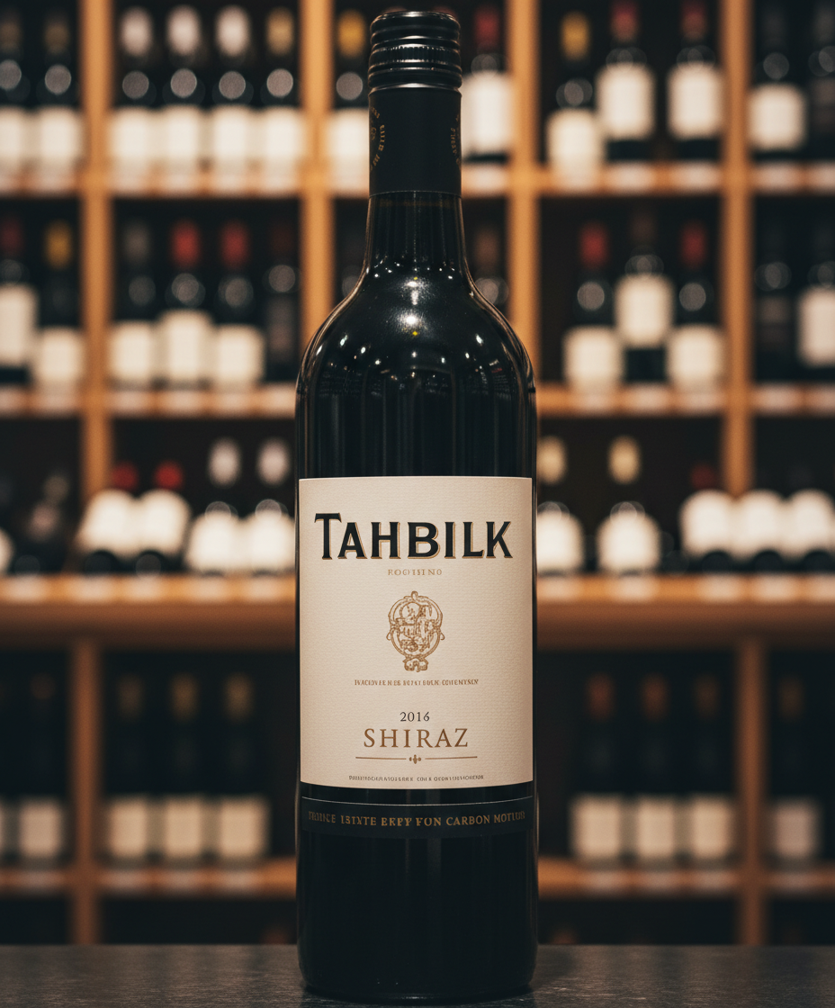 Tahbilk Nagambie Lakes Shiraz 2020 bottle centered in portrait, gallery position 2, wine shelves background