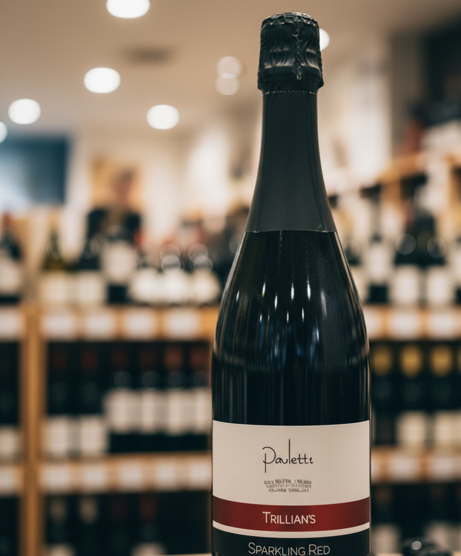 Paulett Trillians Sparkling Red NV bottle portrait view in a wine shop, gallery position 2, 928x1120