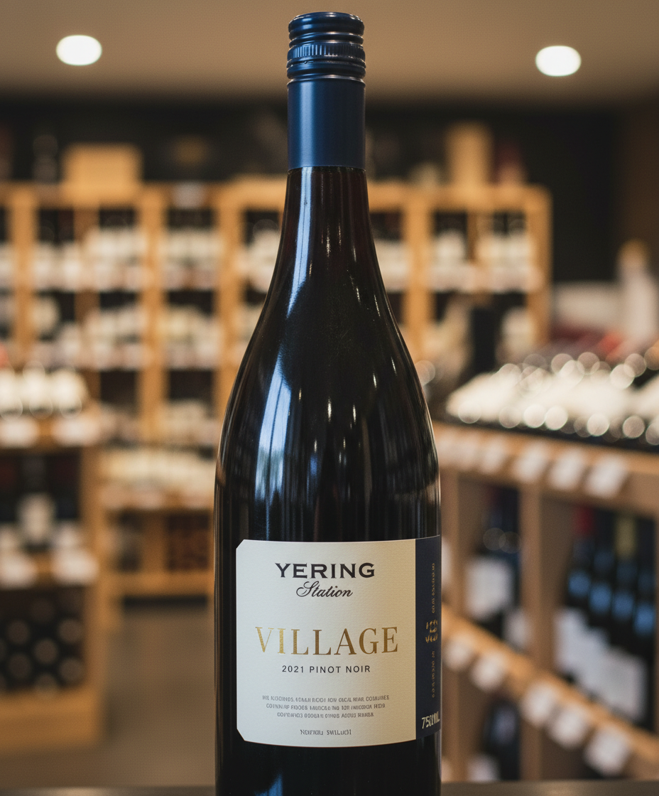 Yering Station Village Pinot Noir 2024 red wine bottle in portrait with blurred wine shop background