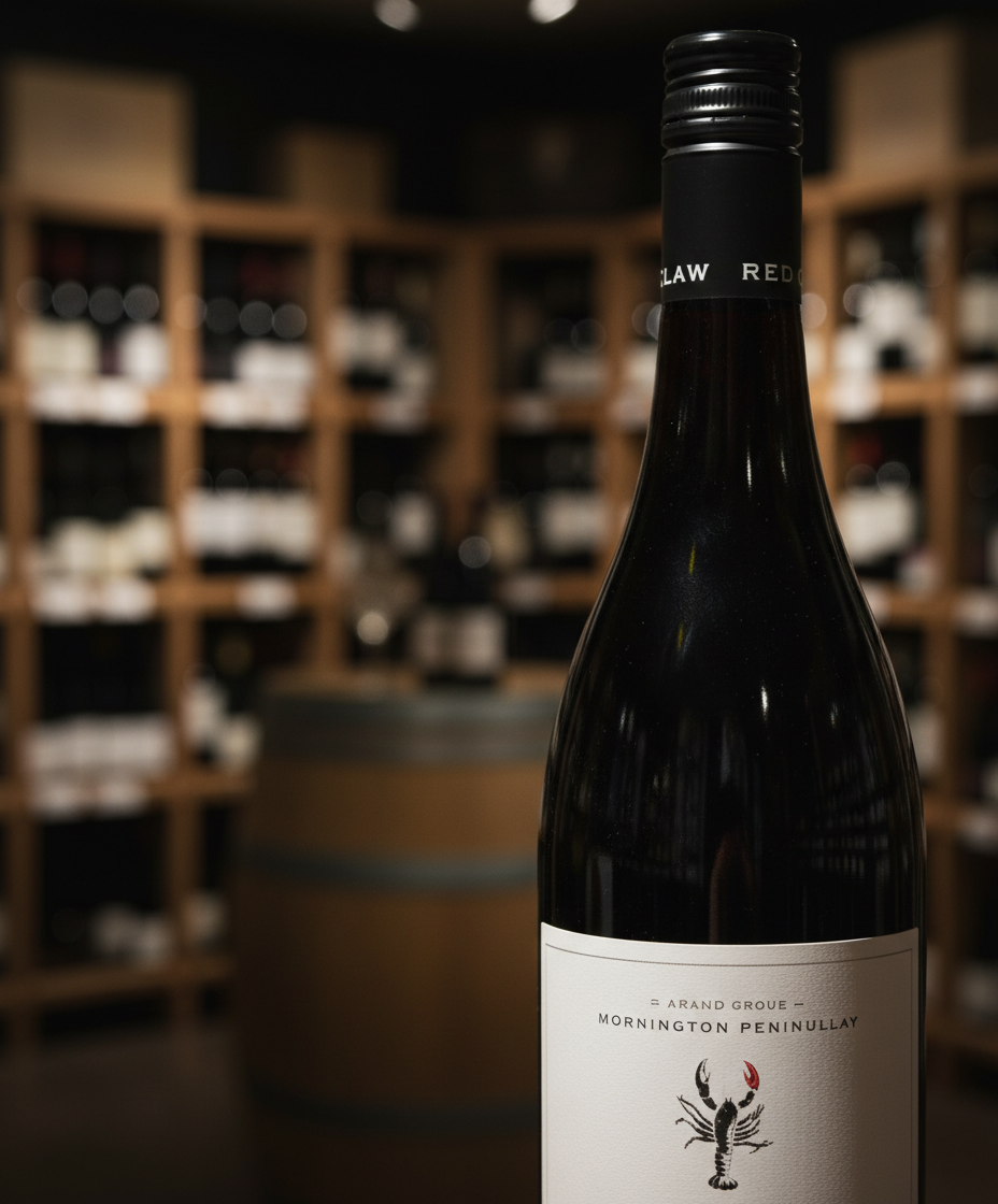 Red Claw Pinot Noir 2023 bottle portrait, gallery position 2, in wine cellar background, 928x1120px