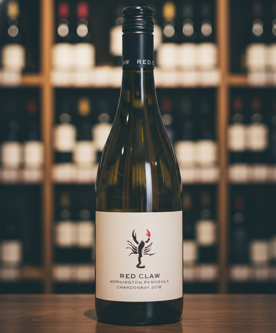 Red Claw Chardonnay 2024 bottle front view in portrait with blurred wine shelves in background