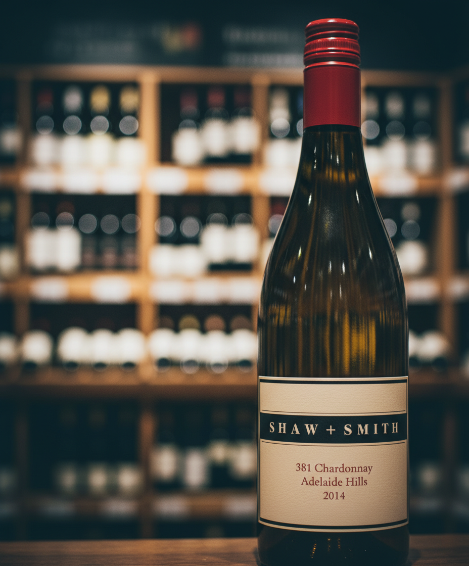 Shaw and Smith M3 Chardonnay 2023 bottle in portrait, gallery position 2, with wine shelves blurred behind