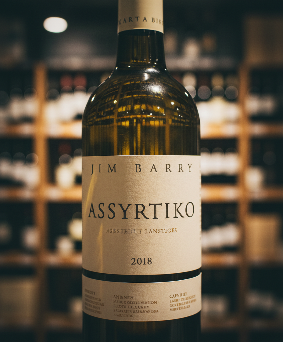 Jim Barry Clare Valley Assyrtiko 2022 white wine bottle portrait with blurred wine shelves background