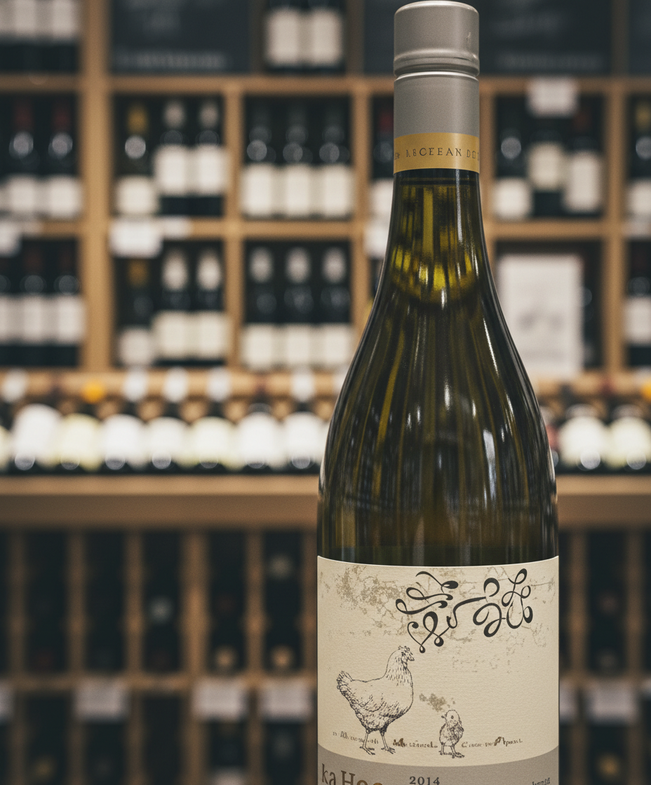 Larry Cherubino Hen and Chicken Chardonnay 2024 bottle in portrait with wine shelves background, gallery 2