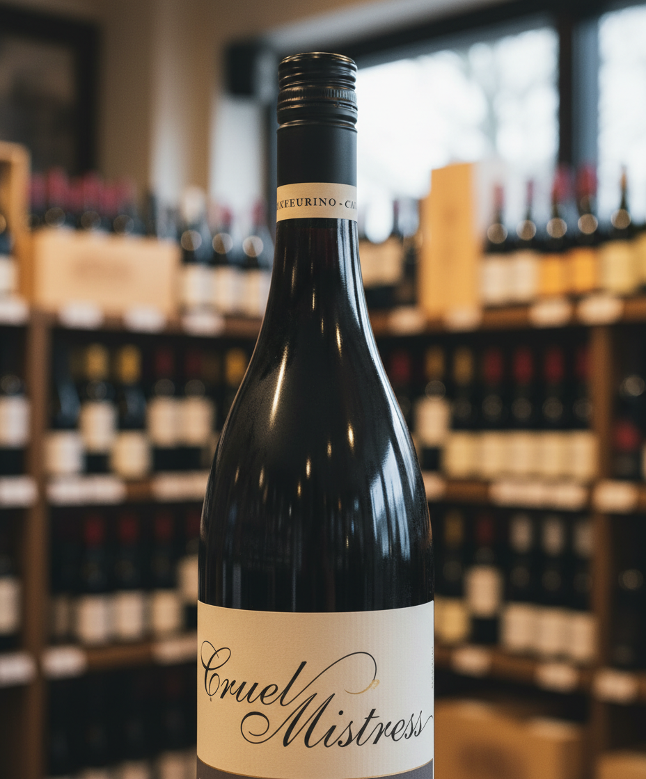 Larry Cherubino Cruel Mistress Pinot Noir 2024 bottle portrait with blurred wine bottles background