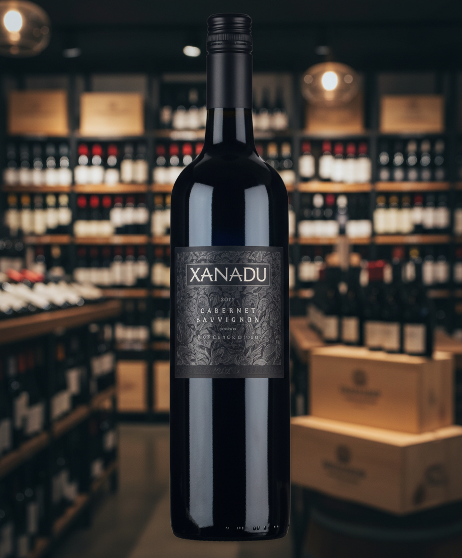 Xanadu Cabernet Sauvignon 2022 bottle in portrait with wine shop shelves blurred in background