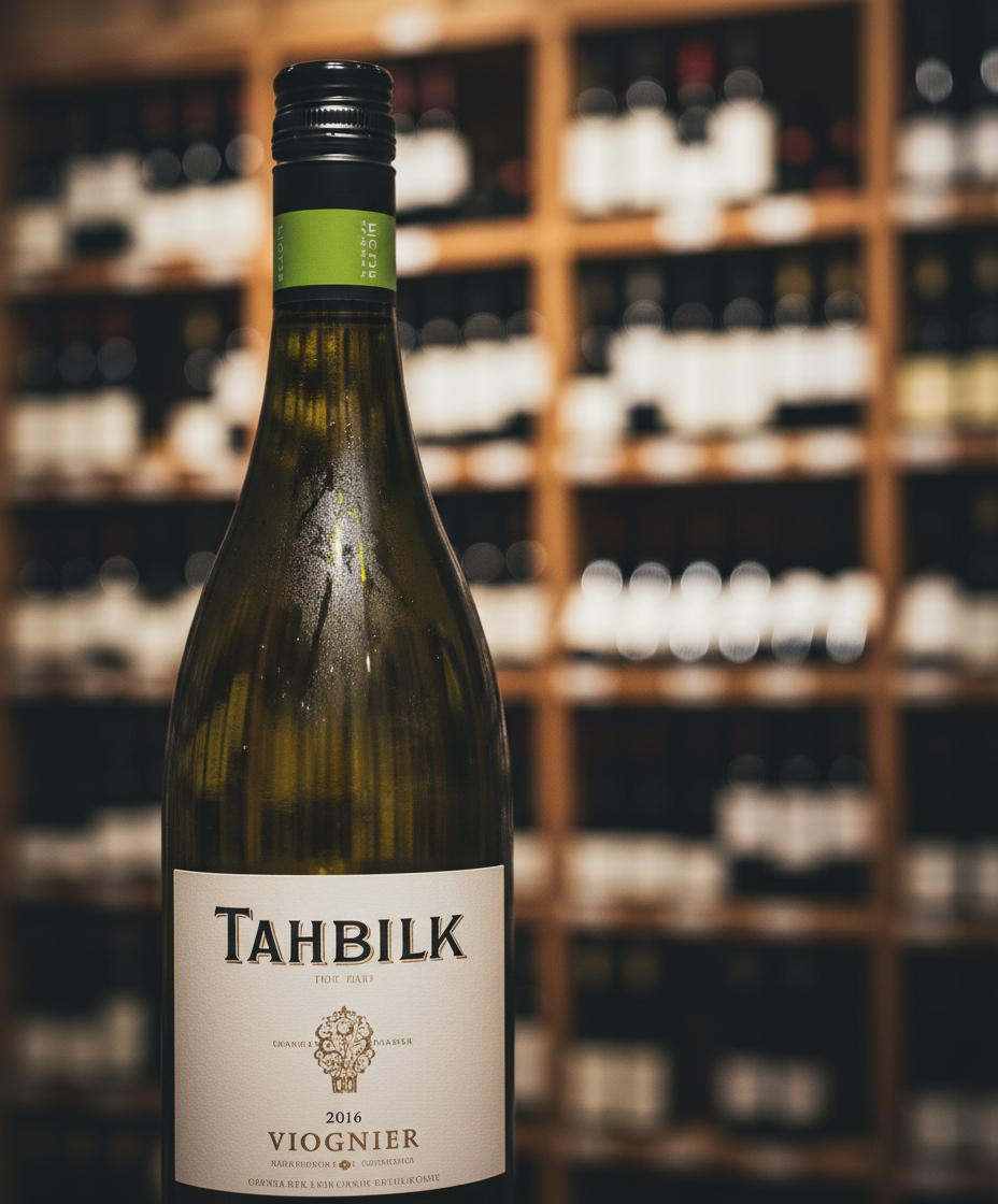 Tahbilk Viognier 2024 bottle in portrait view, gallery position 2, with wine racks blurred in background