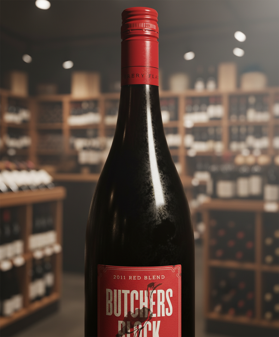 Turkey Flat Butchers Block Red 2021 bottle close-up in portrait, gallery position 2, red wine label visible