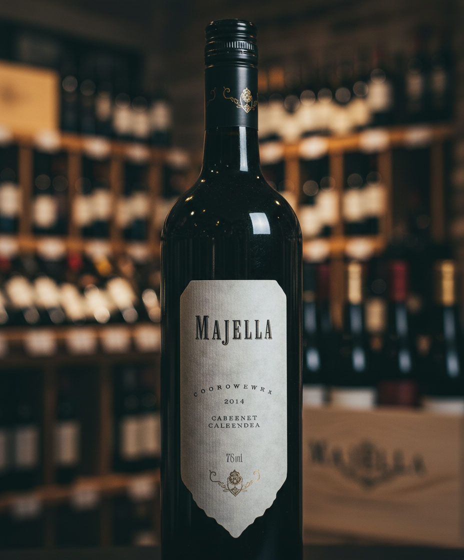 Majella Coonawarra Cabernet Sauvignon 2020 bottle portrait with wine shelves blurred in background
