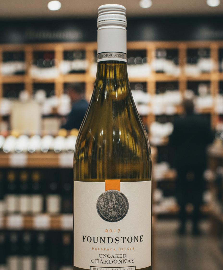 Berton Foundstone Chardonnay 2024 bottle displayed in a wine shop with wooden shelves in background