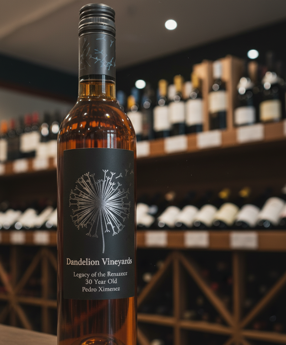Dandelion Vineyards Legacy of the Australia 30 YO Pedro Ximenez bottle in portrait with wine shelves background