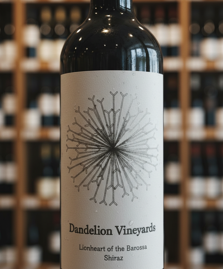 Dandelion Vineyards Lionheart of the Barossa Shiraz 2023 bottle with a dandelion seed head illustration on label