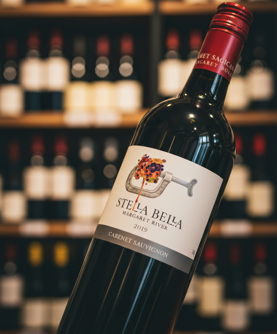 Stella Bella Cabernet Sauvignon 2021 bottle shown in portrait with wine shelves blurred in background