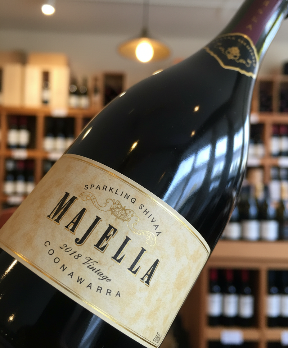 Majella Sparkling Shiraz 2023 bottle close-up in portrait, gallery position 3, in wine shop background