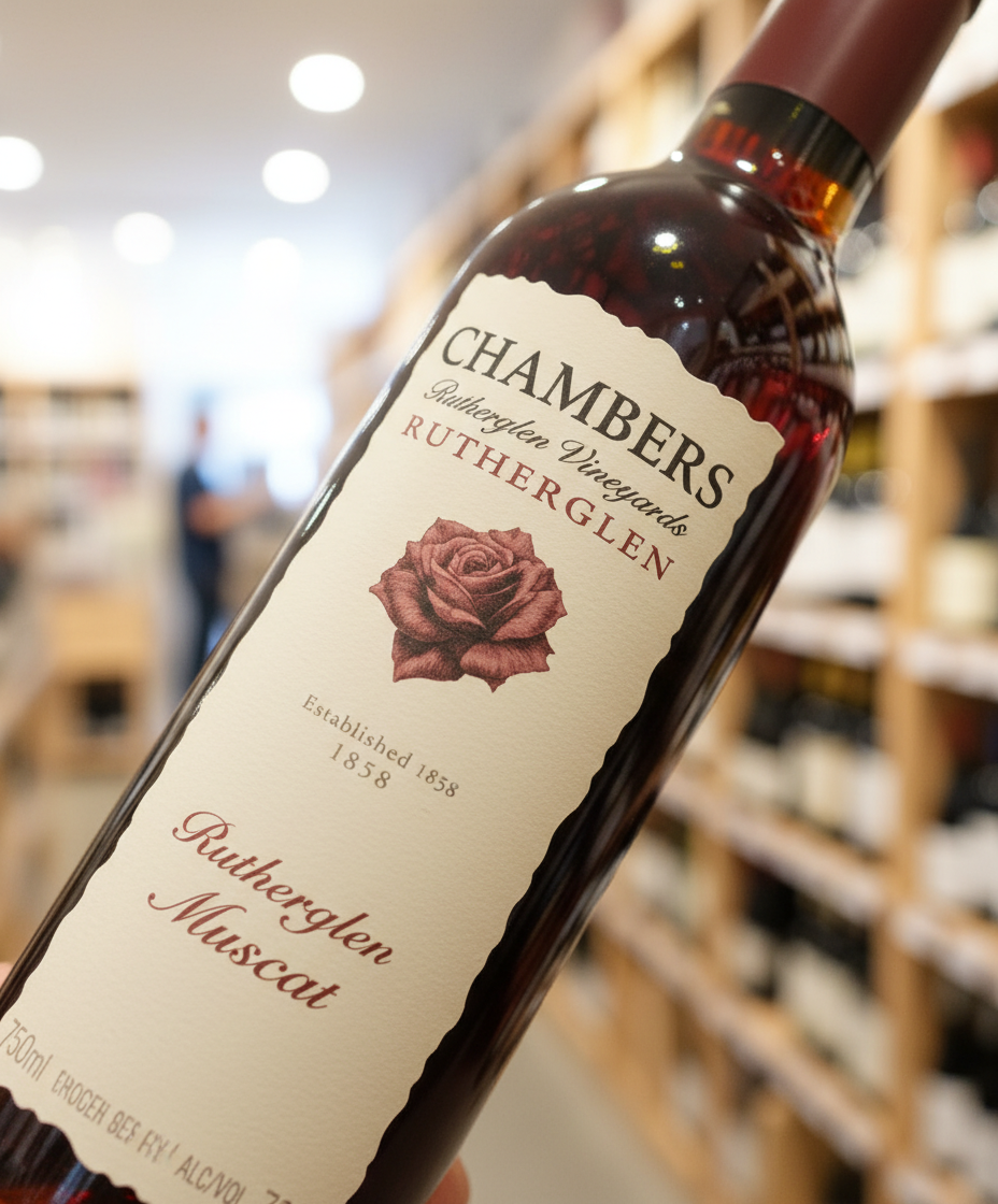 Chambers Rosewood Rutherglen Muscat NV 37.5cl bottle close-up in gallery position 3 portrait orientation