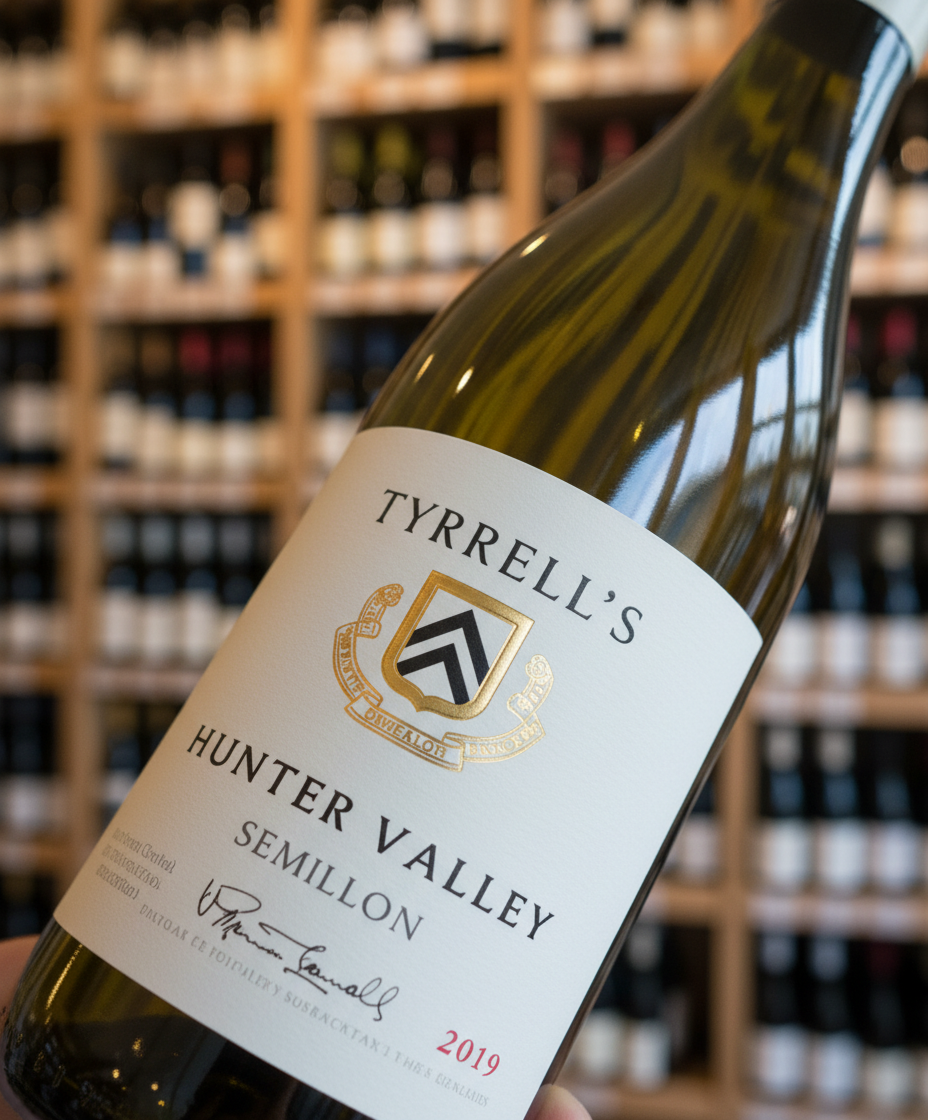 Tyrrell's Hunter Valley Semillon 2024 bottle close-up in portrait with a blurred wine shelf background