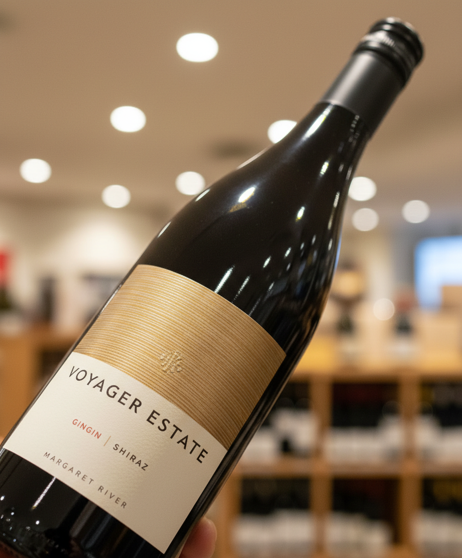 Voyager Estate Shiraz 2019 bottle red wine with wooden label held in retail store gallery position 3 portrait