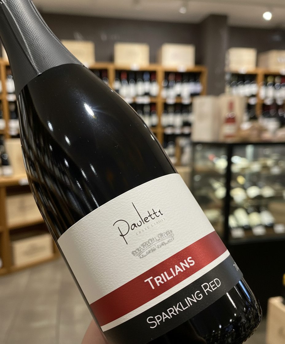 Paulett Trillians Sparkling Red NV bottle in portrait, gallery position 3, with wine store background