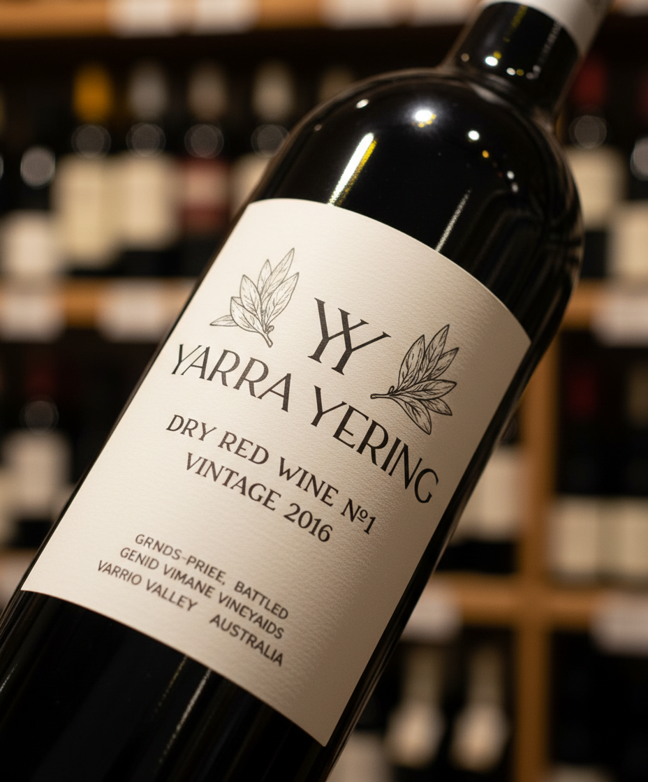 Yarra Yering Dry Red No.1 2018 bottle in portrait, gallery position 3, red wine label close-up